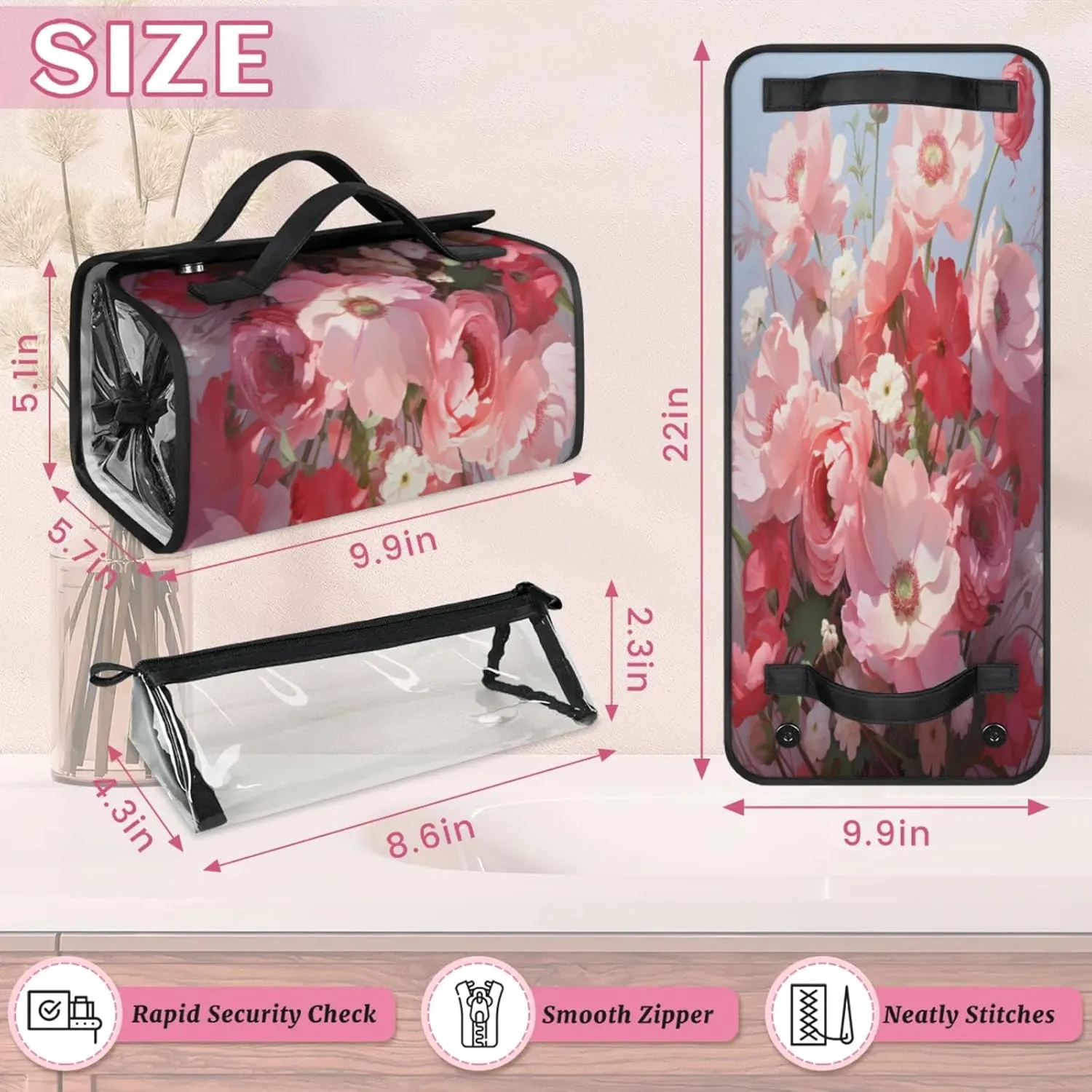 Beautiful Lovely Background Toiletry Bag Water Proof Travel Makeup Case Large Capacity 4 in 1 Foldable Cosmetics Storage for Women Men Removable Zipper Clear PVC Pockets