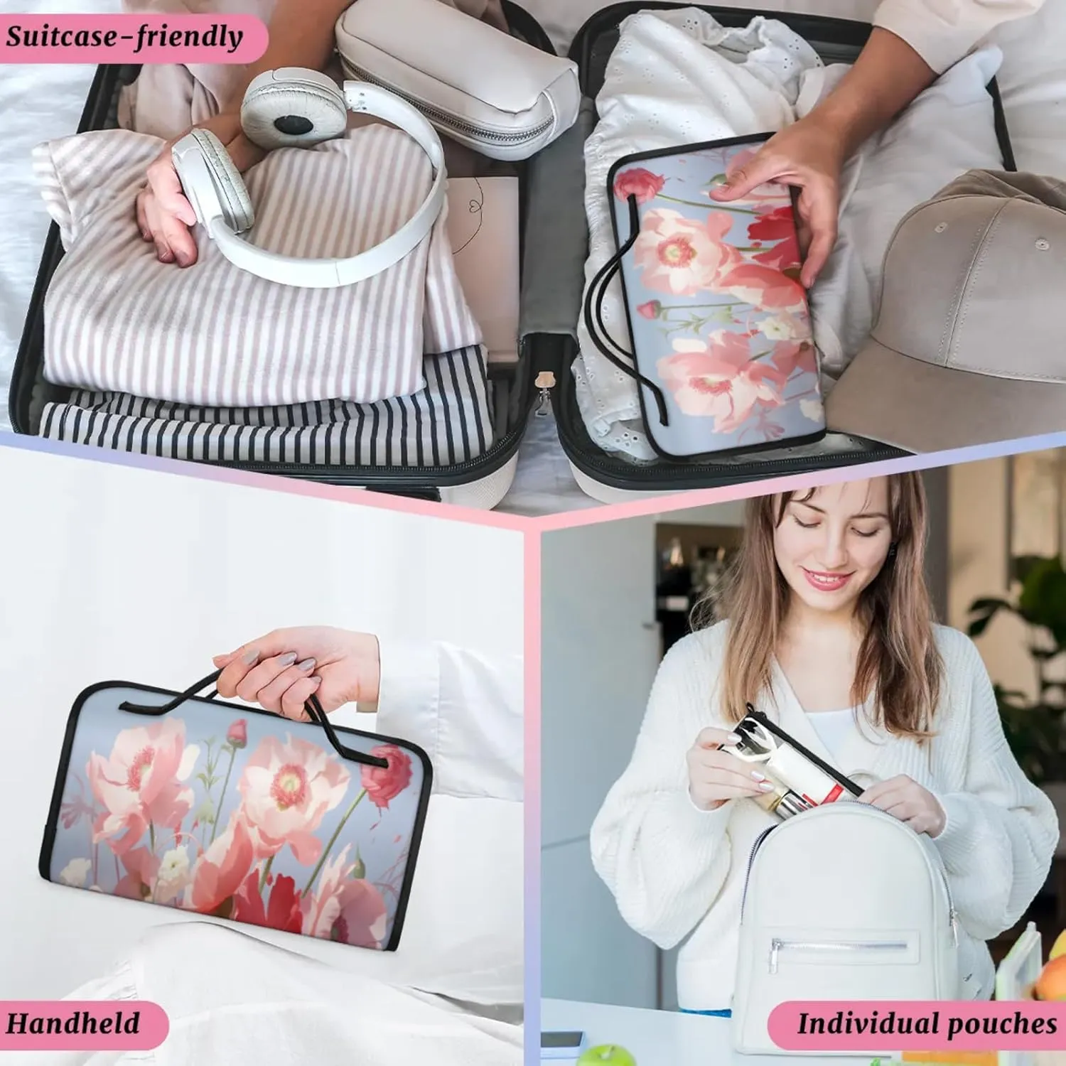 Beautiful Lovely Background Toiletry Bag Water Proof Travel Makeup Case Large Capacity 4 in 1 Foldable Cosmetics Storage for Women Men Removable Zipper Clear PVC Pockets