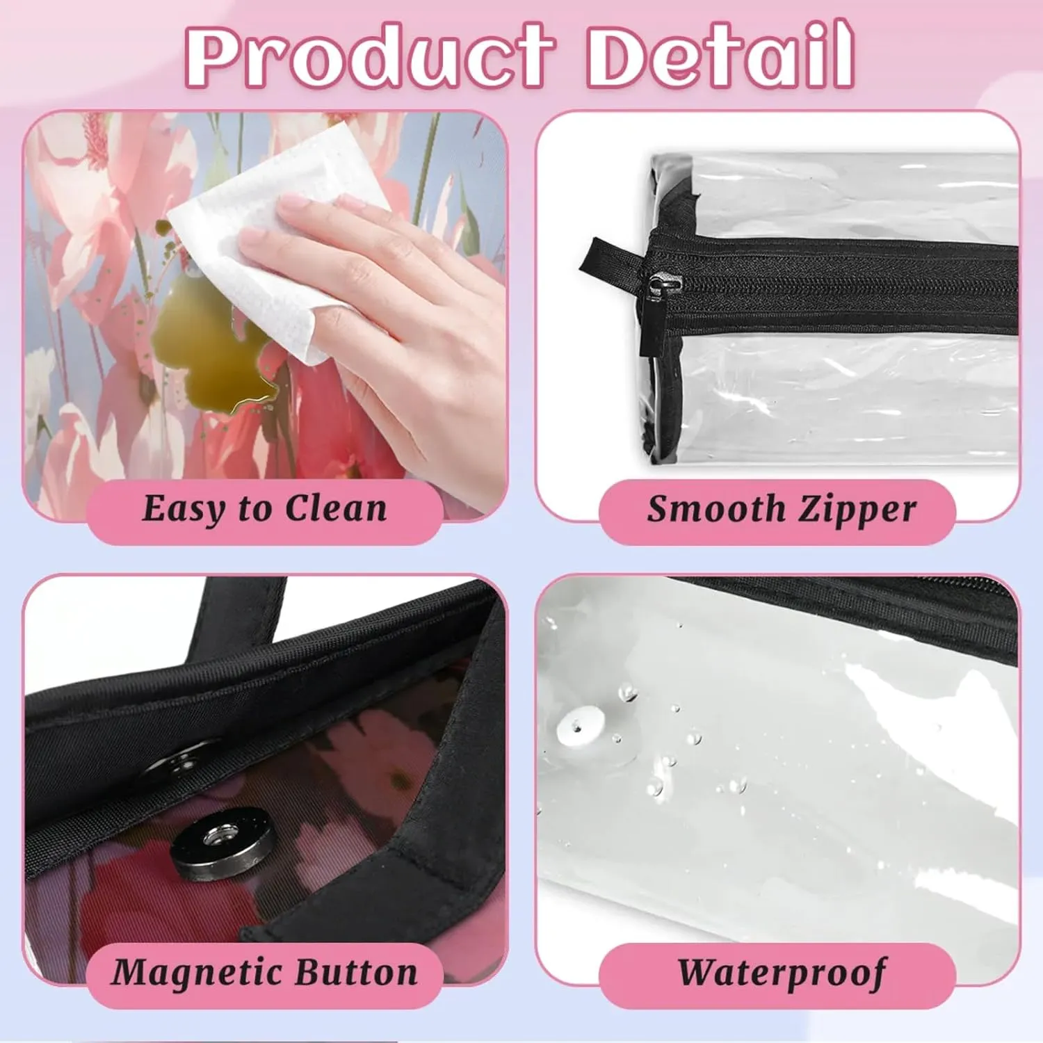 Beautiful Lovely Background Toiletry Bag Water Proof Travel Makeup Case Large Capacity 4 in 1 Foldable Cosmetics Storage for Women Men Removable Zipper Clear PVC Pockets