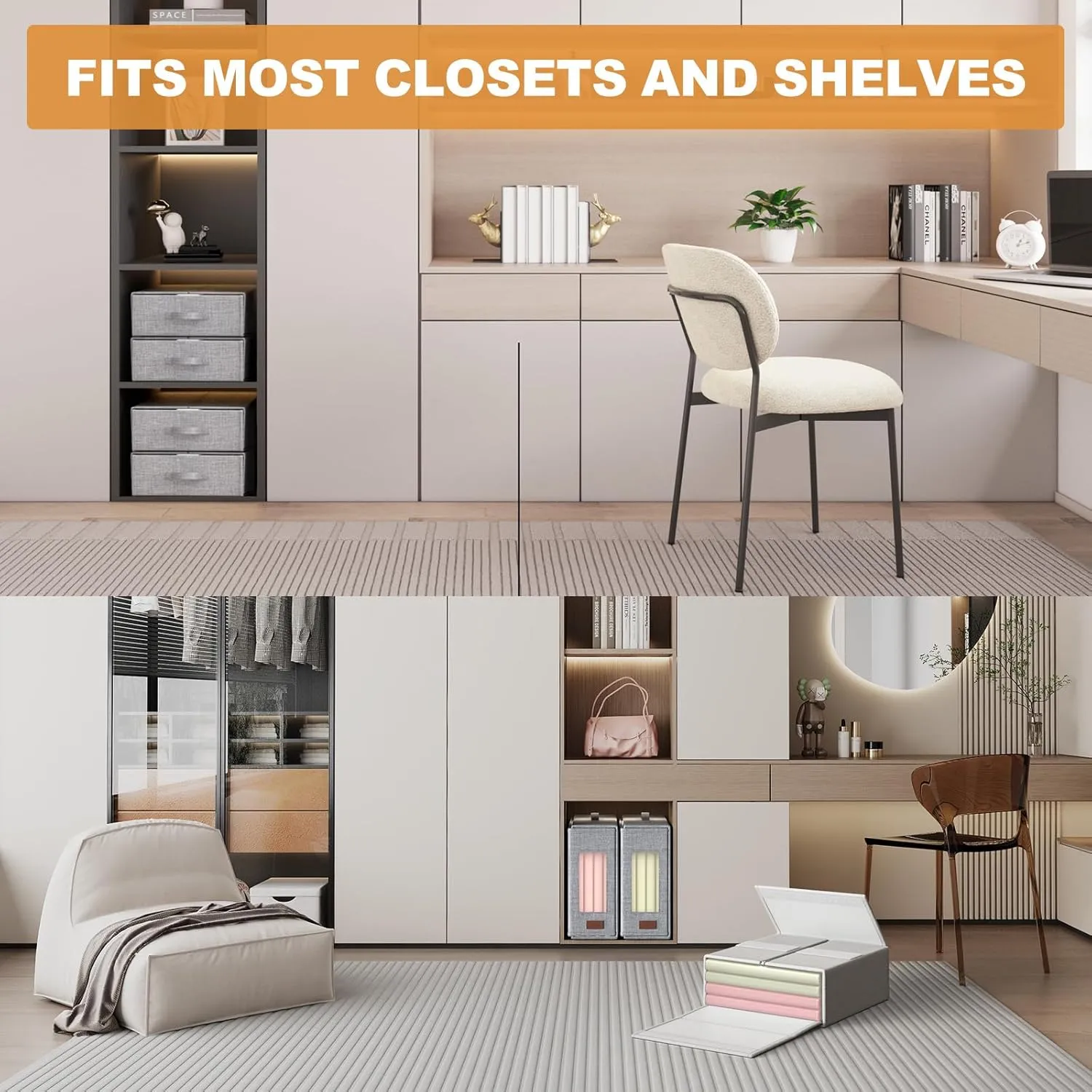 Bed Sheet Organizers Storage Foldable: Beige 6 Packs King/Queen Size with Window and Label - Bedding Container Linen Closet Box Under Bed for Blanket Duvet Cover Set - Eco-Friendly Home Essentials