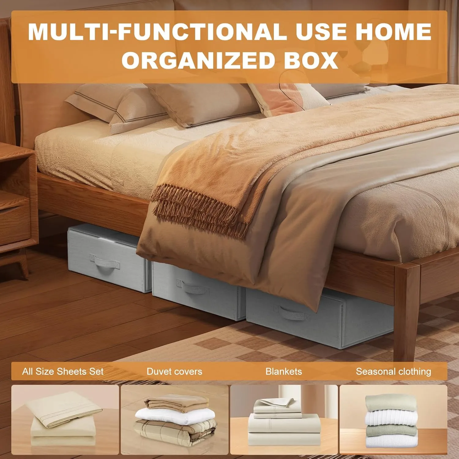 Bed Sheet Organizers Storage Foldable: Beige 6 Packs King/Queen Size with Window and Label - Bedding Container Linen Closet Box Under Bed for Blanket Duvet Cover Set - Eco-Friendly Home Essentials