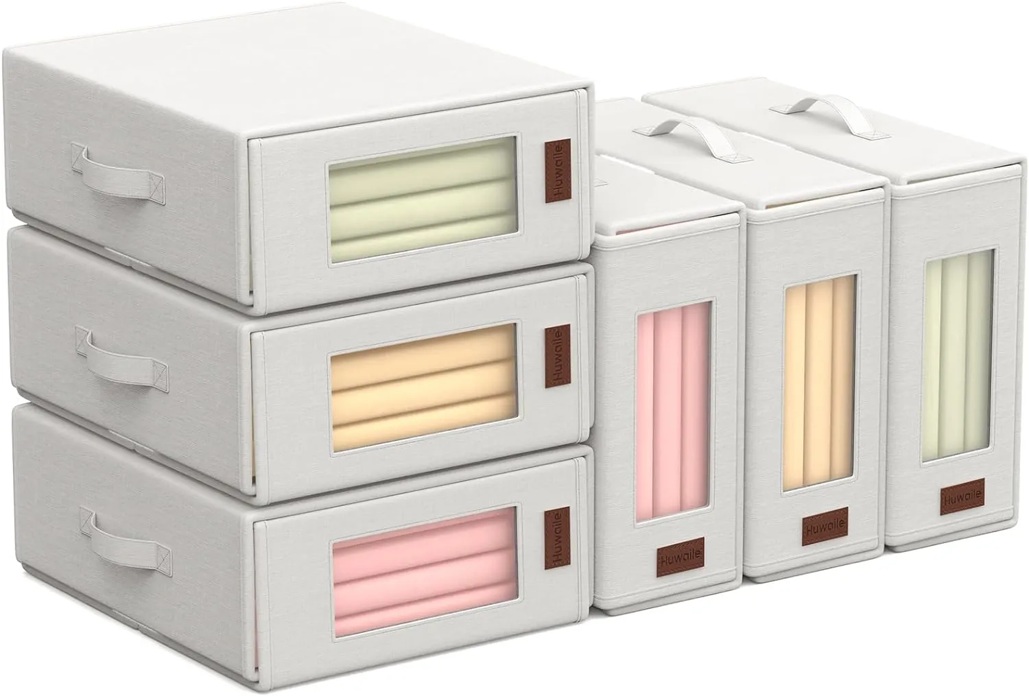 Bed Sheet Organizers Storage Foldable: Beige 6 Packs King/Queen Size with Window and Label - Bedding Container Linen Closet Box Under Bed for Blanket Duvet Cover Set - Eco-Friendly Home Essentials