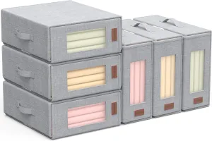 Bed Sheet Organizers Storage Foldable: Grey 6 Packs King/Queen Size with Window and Label - Bedding Container Linen Closet Box Under Bed for Blanket Duvet Cover Set - Eco-Friendly Home Essentials