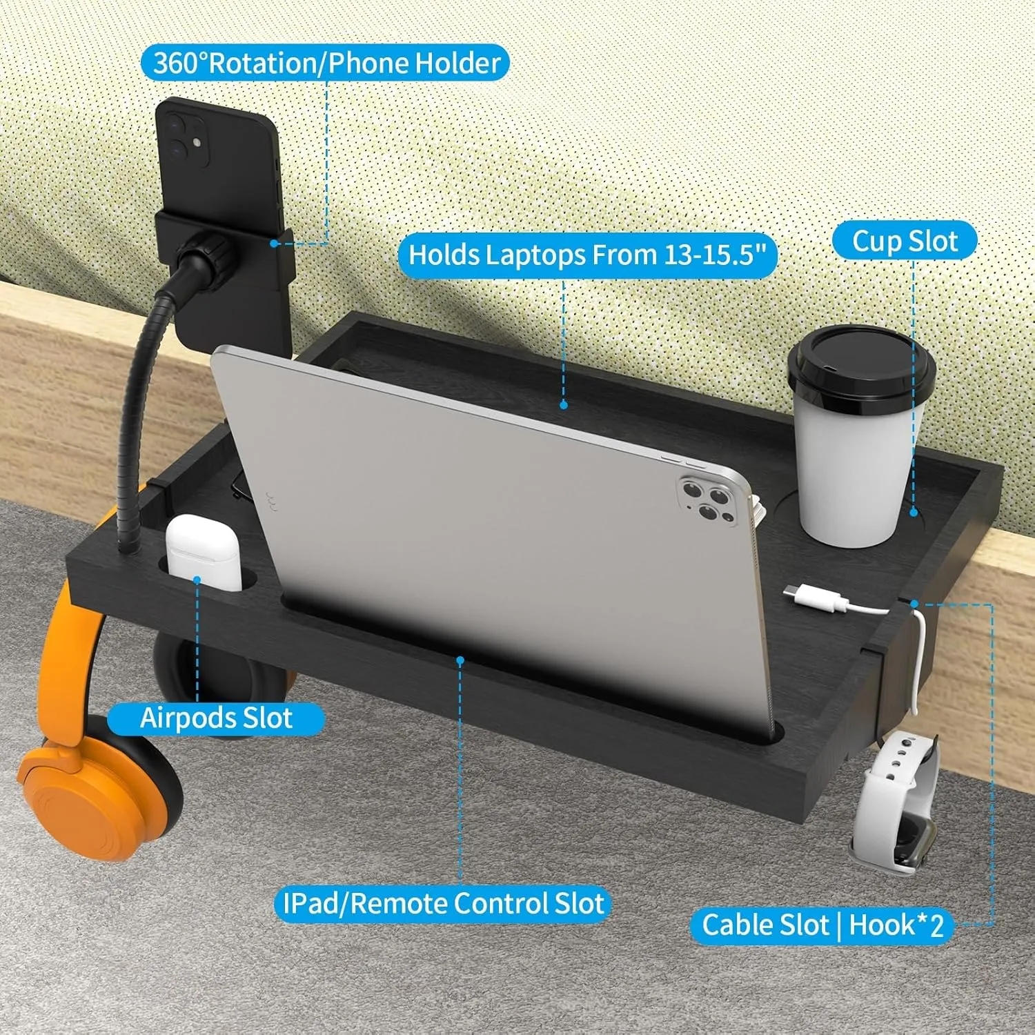 Bedside Shelf with Phone Holder for Bed, ‎Bamboo Bed Shelf Organizer for Top Bunk, Clip on Nightstand for College Dorm Loft Bed, Bedside Tray for Kids, Built Earphones & Tablet Slot