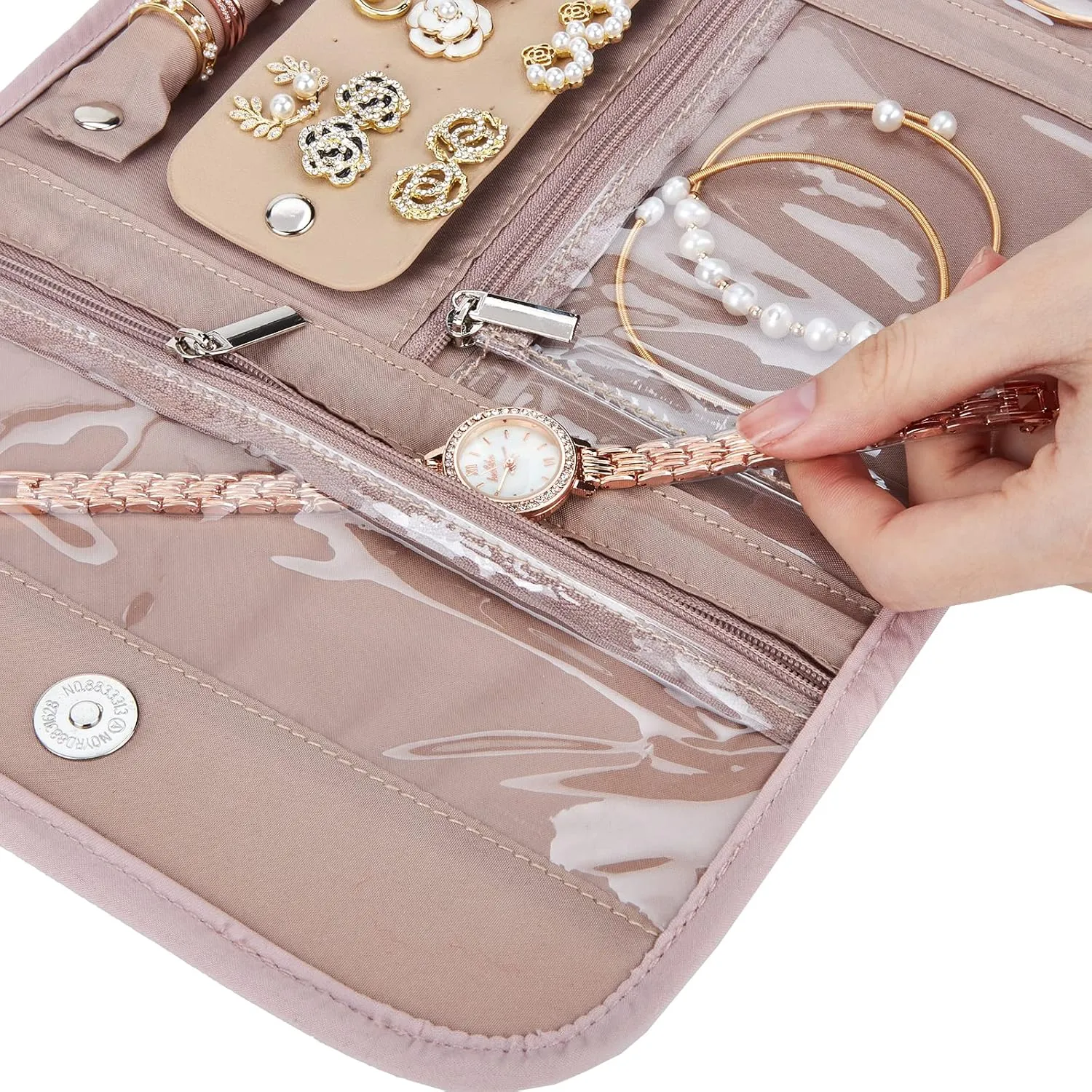 BELALIFE Travel Jewelry Case Organizer, Foldable Storage Roll for Earrings, Necklaces, Rings, Bracelets, Brooches, Pink