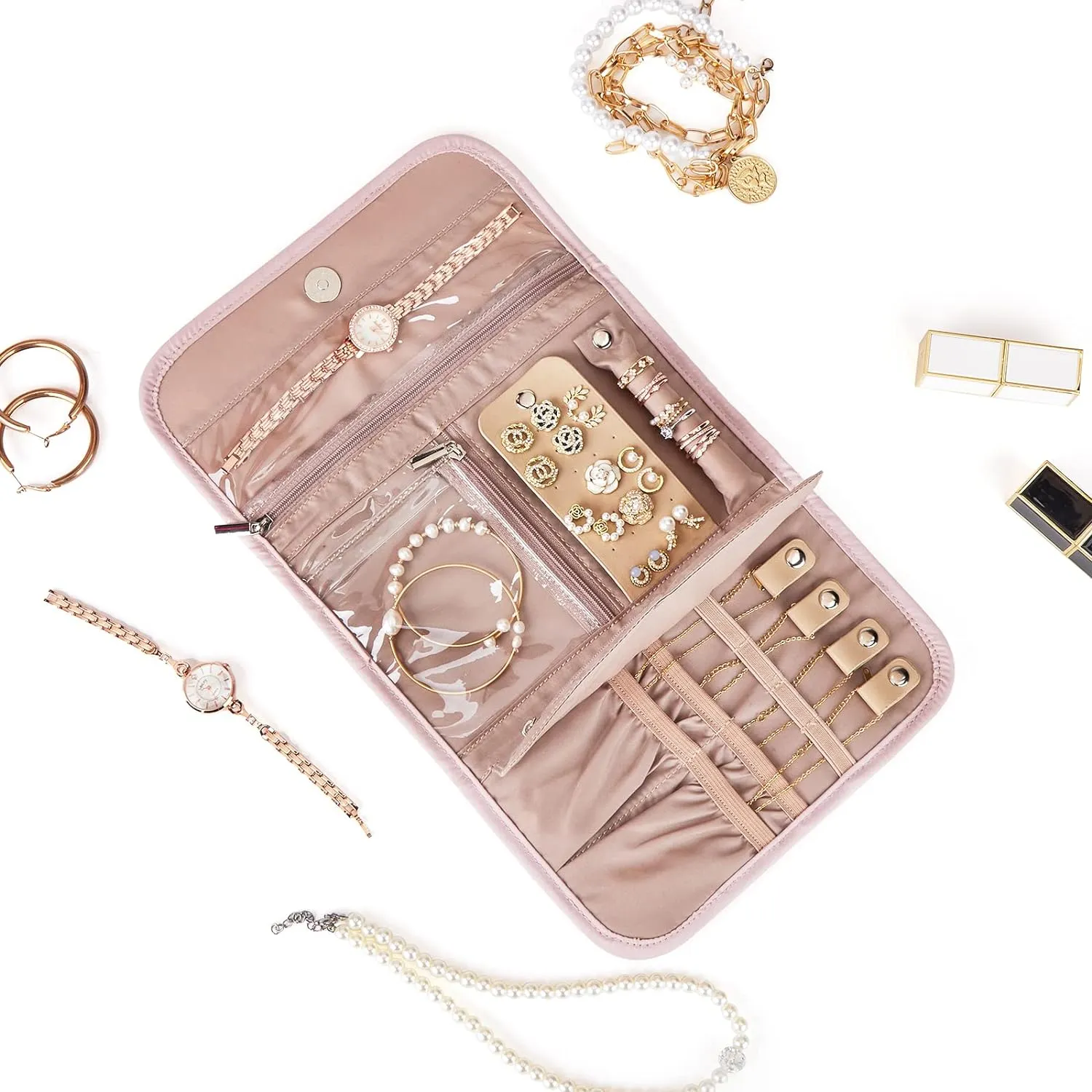BELALIFE Travel Jewelry Case Organizer, Foldable Storage Roll for Earrings, Necklaces, Rings, Bracelets, Brooches, Pink