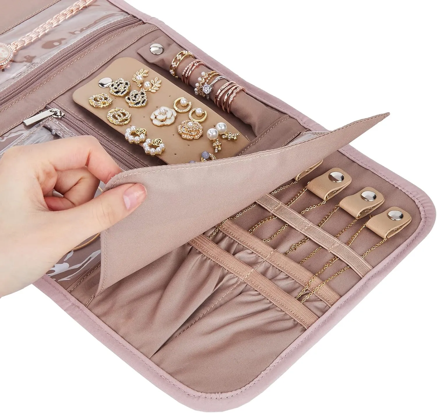 BELALIFE Travel Jewelry Case Organizer, Foldable Storage Roll for Earrings, Necklaces, Rings, Bracelets, Brooches, Pink