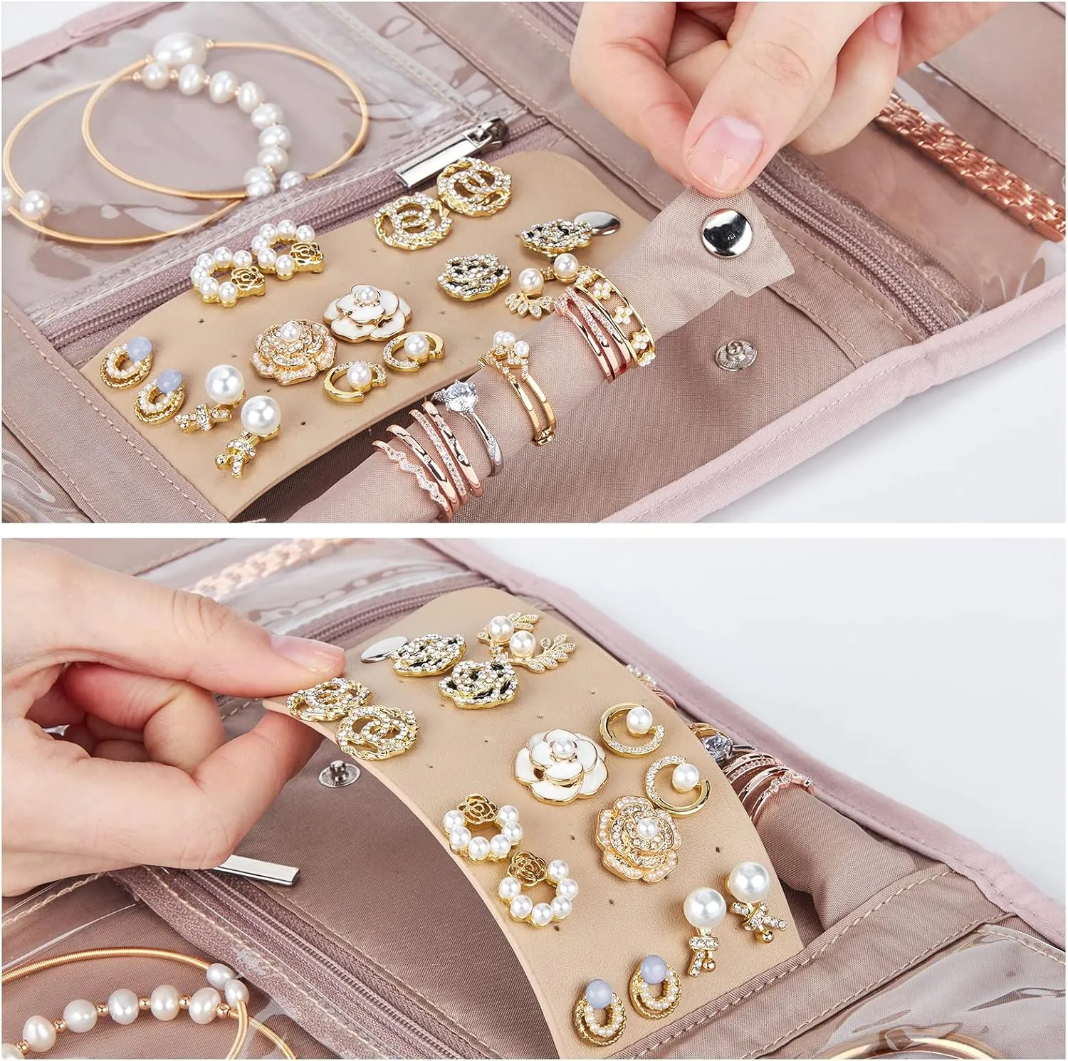 BELALIFE Travel Jewelry Case Organizer, Foldable Storage Roll for Earrings, Necklaces, Rings, Bracelets, Brooches, Pink