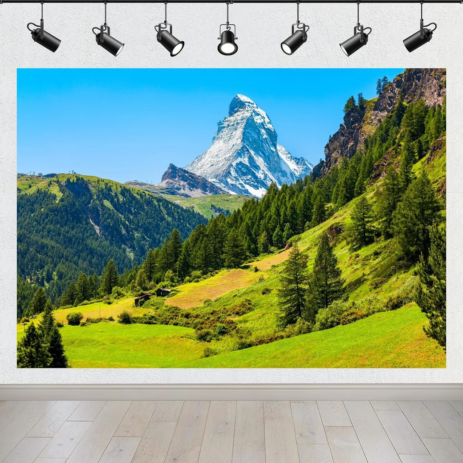 BELECO 10x6.5ft Fabric Swiss Alps Backdrop Matterhorn Mountain Range of The Alps, Snow-Capped Mountain Tops and Green Forest Meadows Background Outdoor Hiking Party Decorations Photo Studio Props