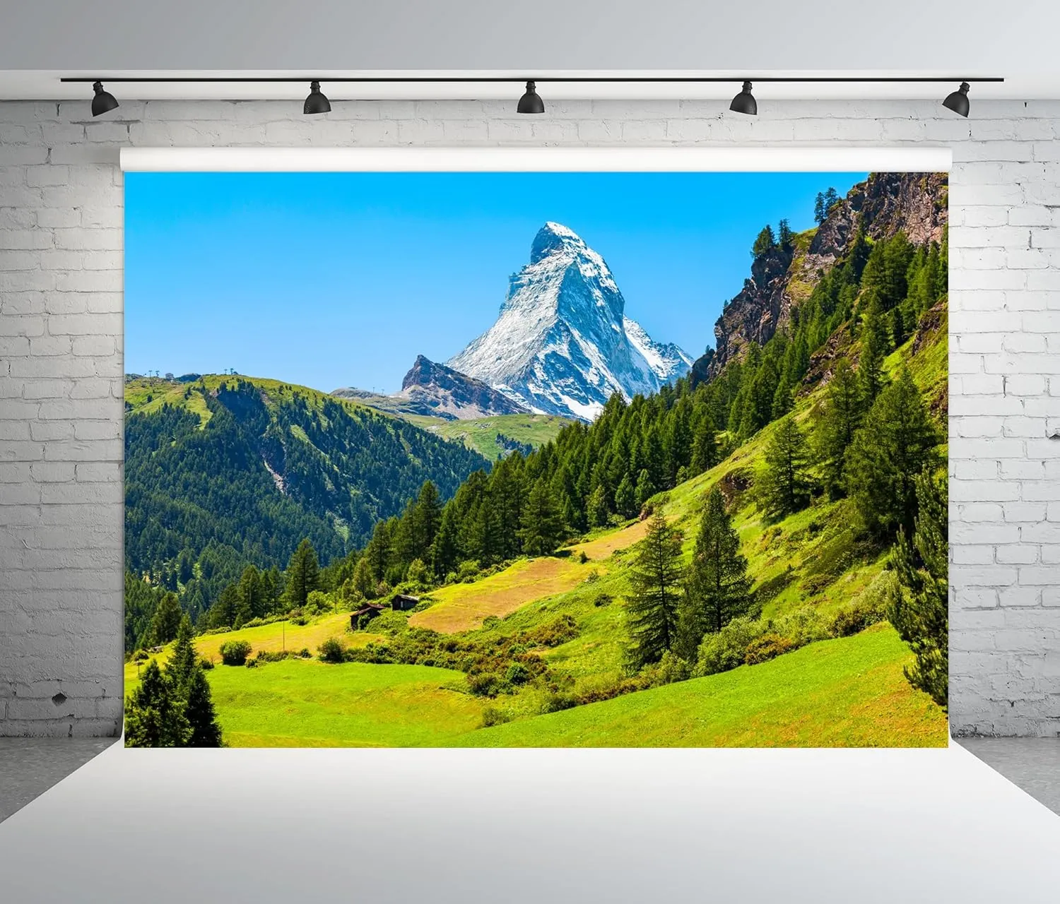 BELECO 10x6.5ft Fabric Swiss Alps Backdrop Matterhorn Mountain Range of The Alps, Snow-Capped Mountain Tops and Green Forest Meadows Background Outdoor Hiking Party Decorations Photo Studio Props