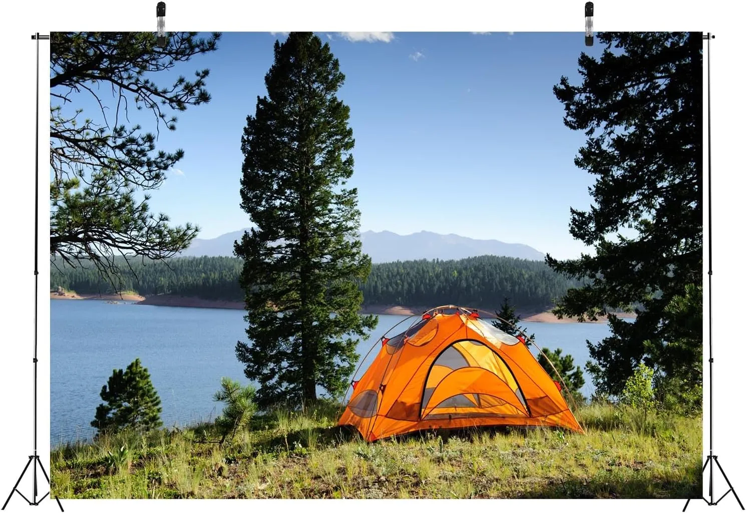 BELECO 10x8ft Fabric Lakeside Camping Backdrop - Outdoor Tent Green Forest Pine Trees Lake Scenery Background for Spring Summer Camp Picnic BBQ Party Decorations Photo Booth Studio Props