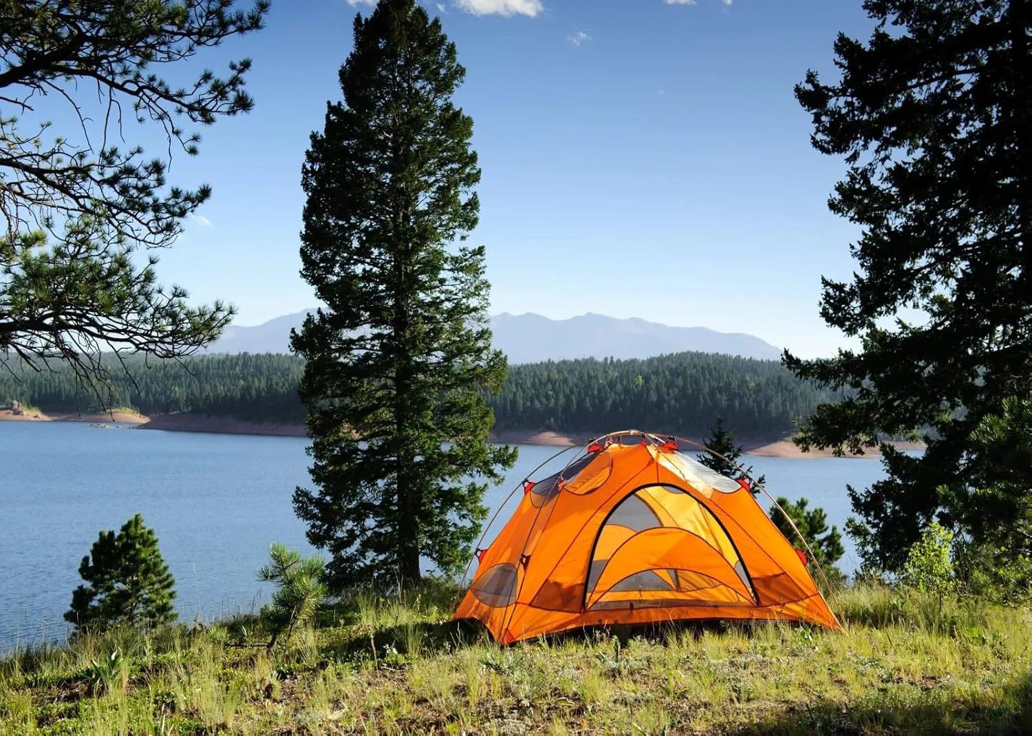 BELECO 10x8ft Fabric Lakeside Camping Backdrop - Outdoor Tent Green Forest Pine Trees Lake Scenery Background for Spring Summer Camp Picnic BBQ Party Decorations Photo Booth Studio Props