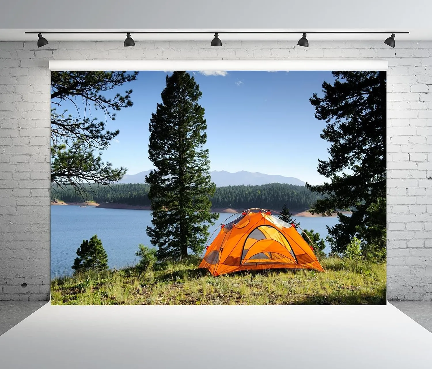 BELECO 10x8ft Fabric Lakeside Camping Backdrop - Outdoor Tent Green Forest Pine Trees Lake Scenery Background for Spring Summer Camp Picnic BBQ Party Decorations Photo Booth Studio Props