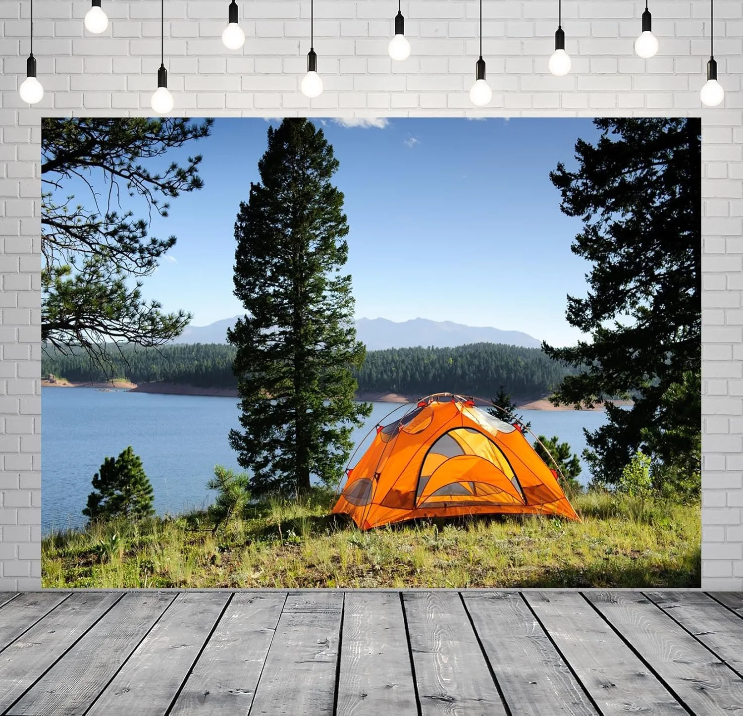 BELECO 10x8ft Fabric Lakeside Camping Backdrop - Outdoor Tent Green Forest Pine Trees Lake Scenery Background for Spring Summer Camp Picnic BBQ Party Decorations Photo Booth Studio Props