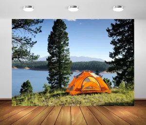 BELECO 10x8ft Fabric Lakeside Camping Backdrop - Outdoor Tent Green Forest Pine Trees Lake Scenery Background for Spring Summer Camp Picnic BBQ Party Decorations Photo Booth Studio Props