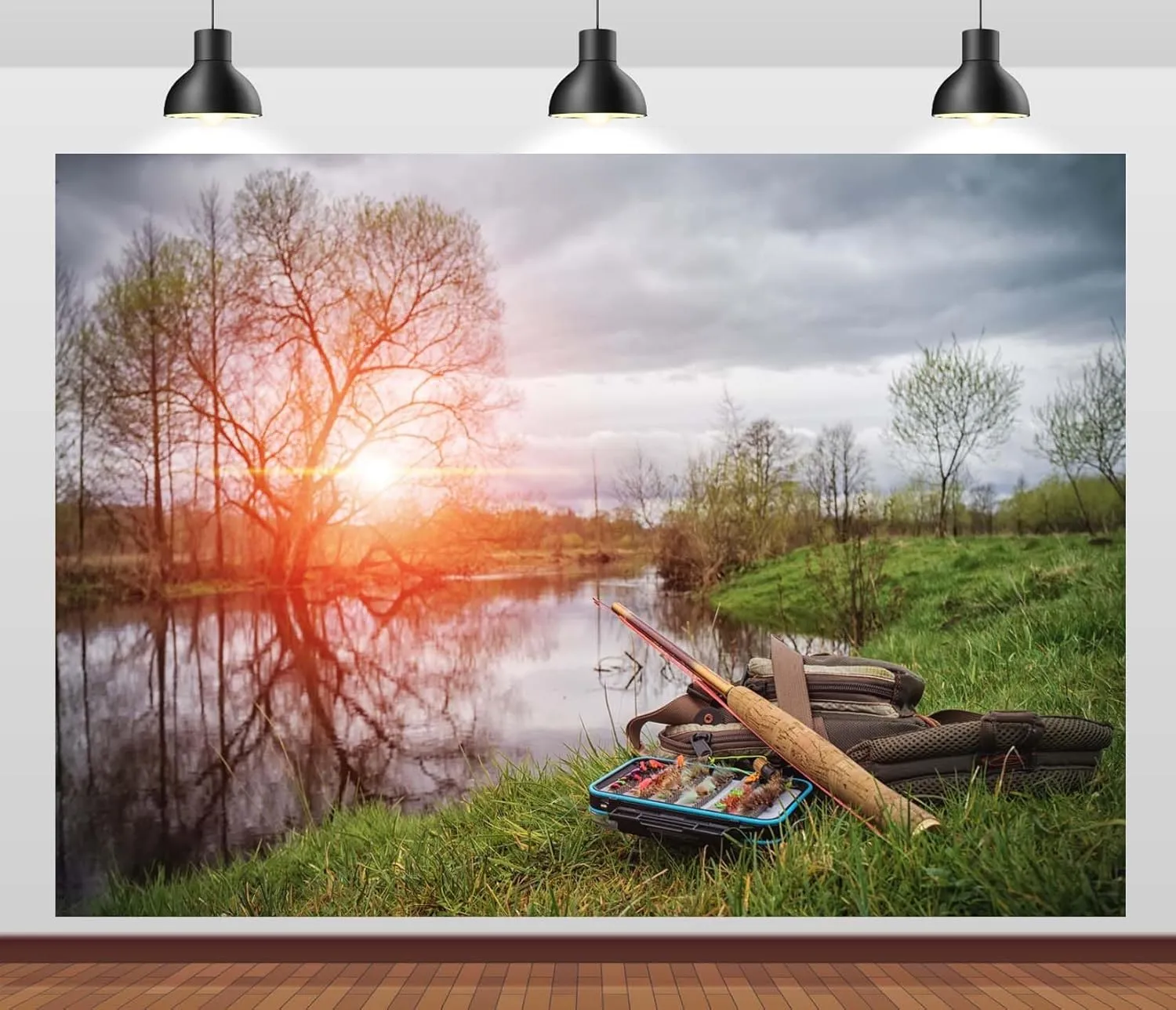 BELECO 10x8ft Fabric Lakeside Fishing Backdrop Sunset Forest Lake Fisherman's Fishing Tackle Background Gone Fishing Party Decorations Photoshoot Studio Props