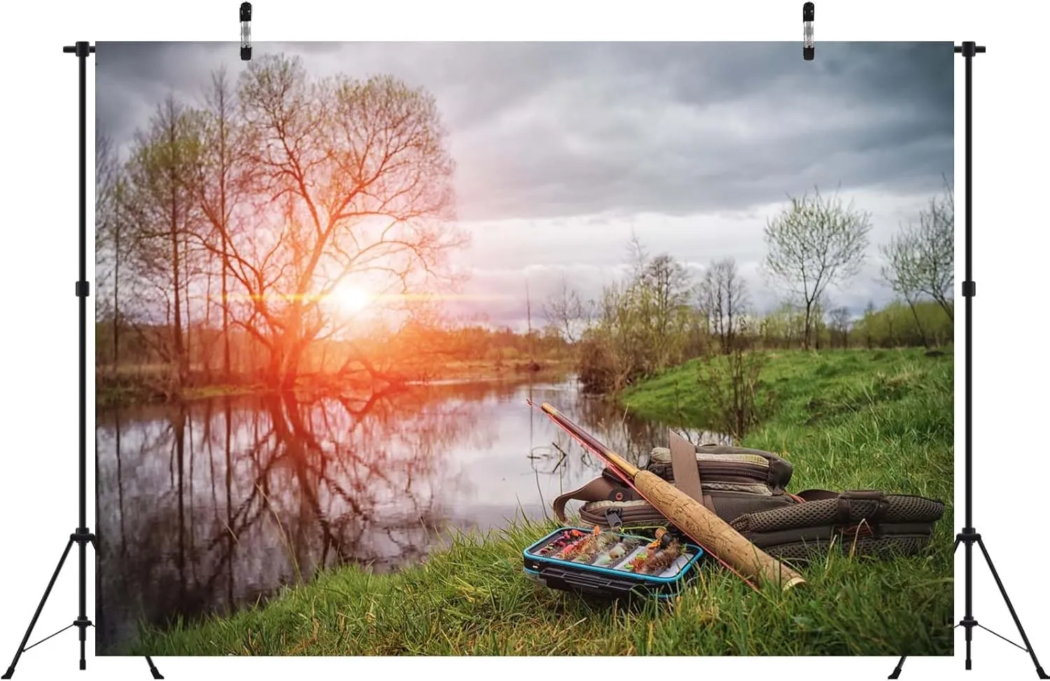 BELECO 10x8ft Fabric Lakeside Fishing Backdrop Sunset Forest Lake Fisherman's Fishing Tackle Background Gone Fishing Party Decorations Photoshoot Studio Props