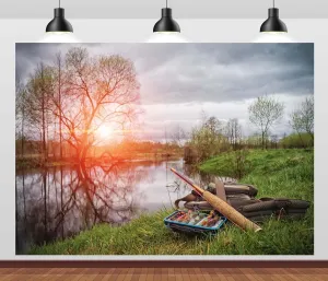 BELECO 10x8ft Fabric Lakeside Fishing Backdrop Sunset Forest Lake Fisherman's Fishing Tackle Background Gone Fishing Party Decorations Photoshoot Studio Props