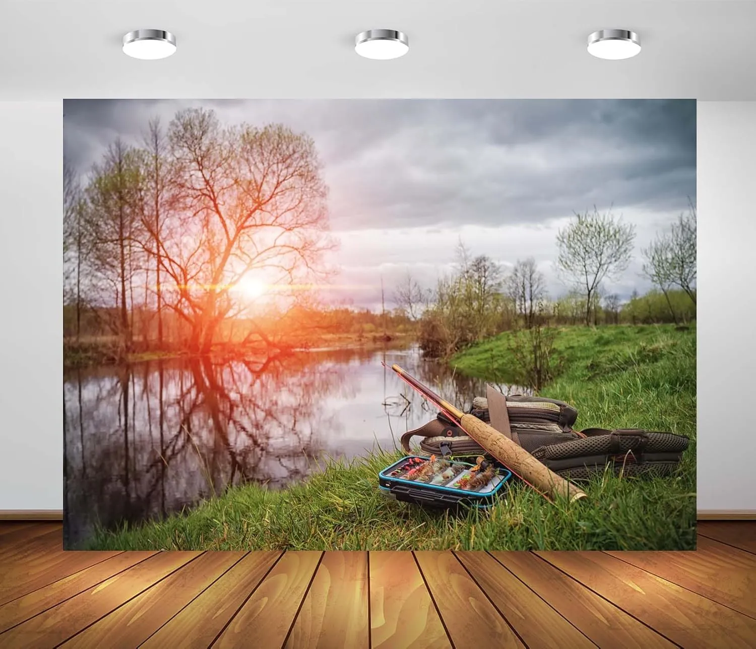 BELECO 10x8ft Fabric Lakeside Fishing Backdrop Sunset Forest Lake Fisherman's Fishing Tackle Background Gone Fishing Party Decorations Photoshoot Studio Props