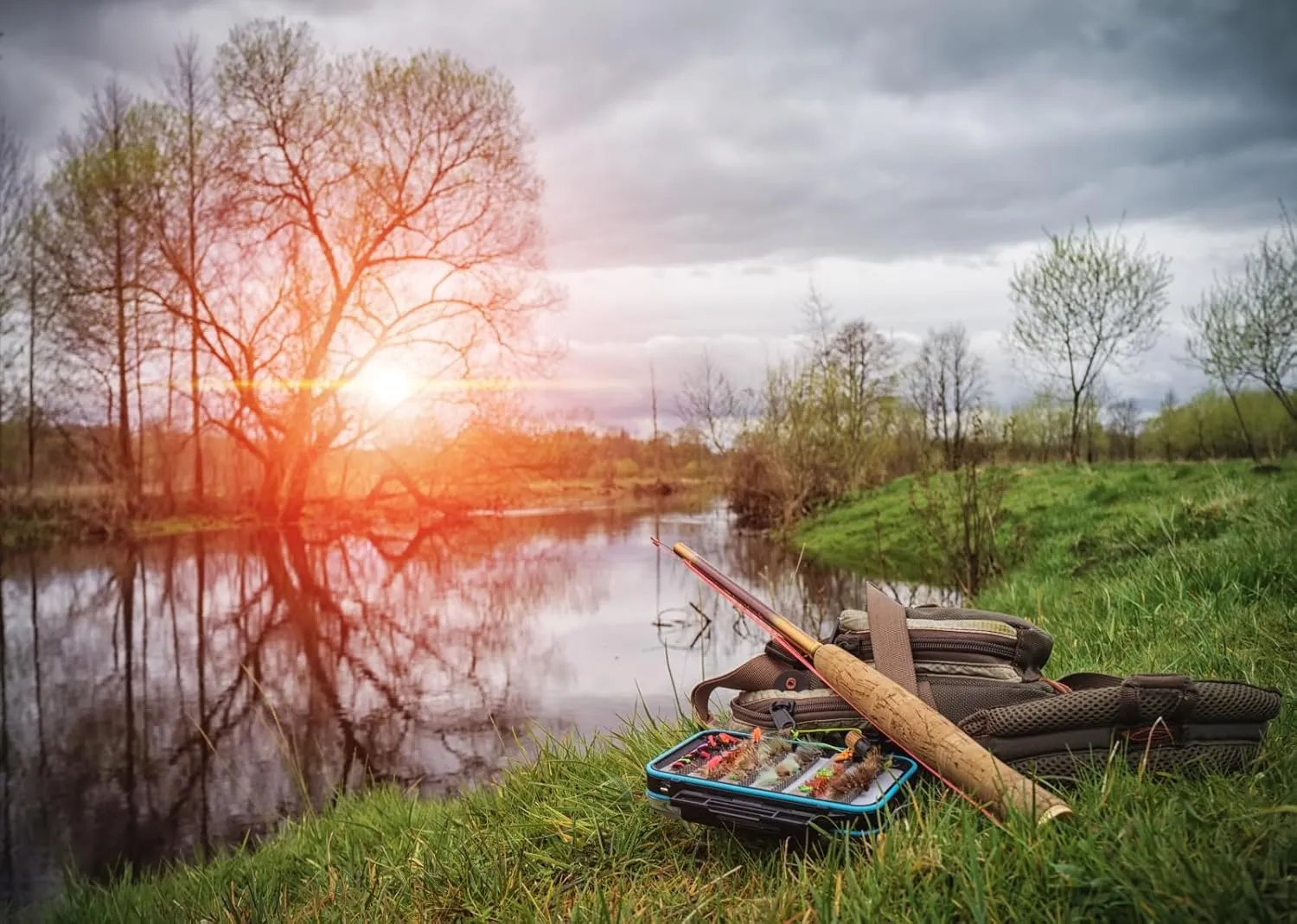 BELECO 10x8ft Fabric Lakeside Fishing Backdrop Sunset Forest Lake Fisherman's Fishing Tackle Background Gone Fishing Party Decorations Photoshoot Studio Props