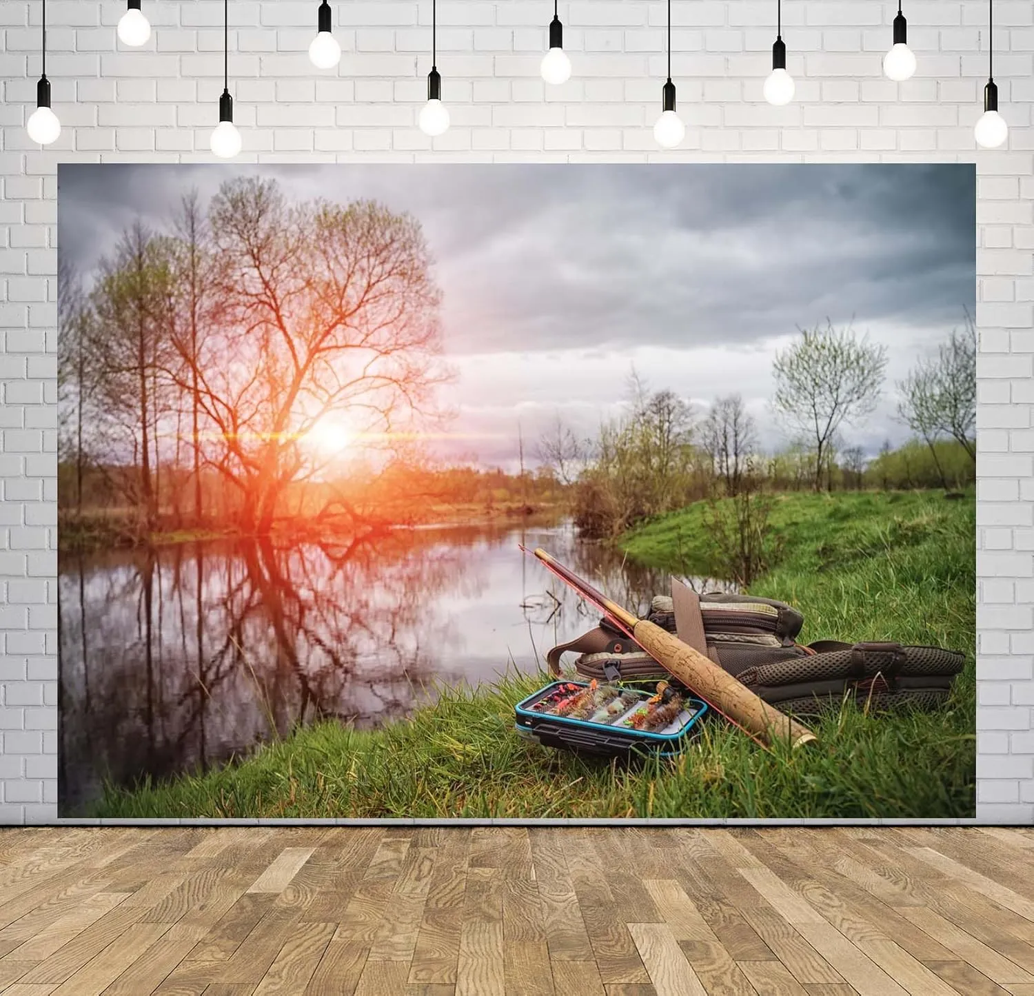 BELECO 10x8ft Fabric Lakeside Fishing Backdrop Sunset Forest Lake Fisherman's Fishing Tackle Background Gone Fishing Party Decorations Photoshoot Studio Props