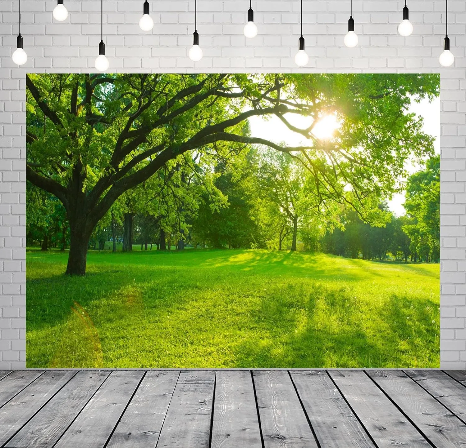 BELECO 10x8ft Fabric Spring Forest Park Backdrop Green Grass Lawn Meadow Sunshine Through The Woods Landscape Background Outdoor Nature Picnic Decor Kid Baby Portrait Photoshoot Studio Props