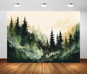 BELECO 10x8ft Fabric Watercolor Forest Backdrop Misty Forest Trees Spruce Forest Silhouette Background for ChristmasParty Decoration Banner Birthday Baby Shower Kids Adults Portrait Photo Props