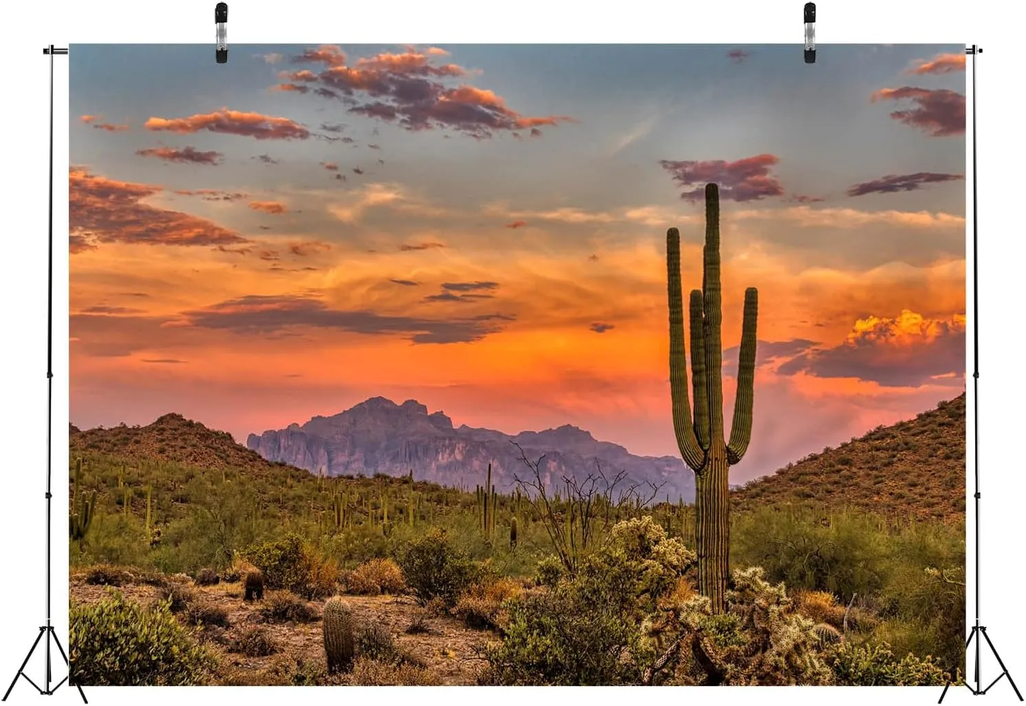 BELECO 12x8ft Fabric Arizona Desert Backdrop Green Saguaro Cactus Mountain Canyon Sunset Desert Scenery Background Outdoor Adventure Desert Party Decor Kids Adults Portrait Photo Studio Props