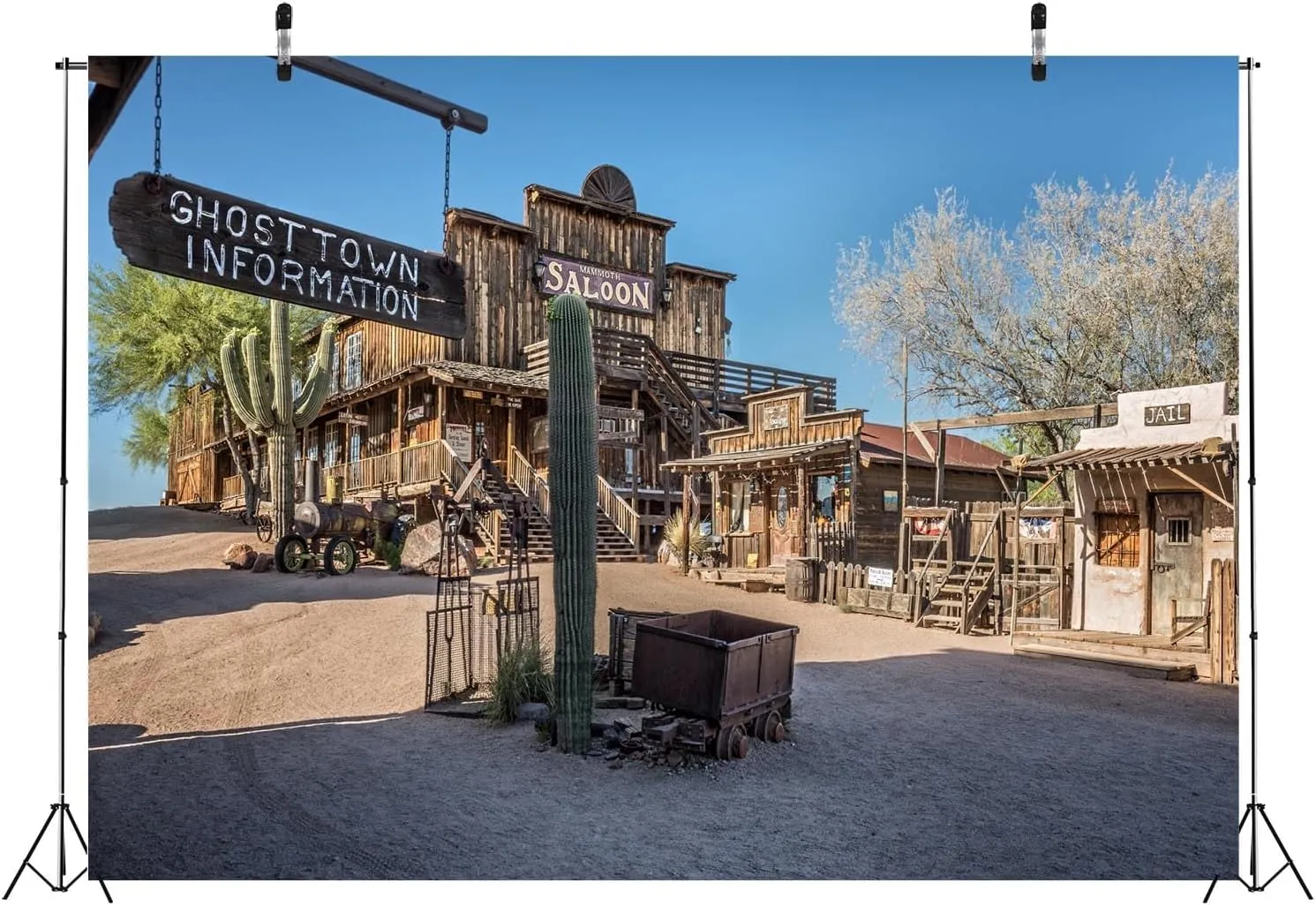 BELECO 12x8ft Fabric Western Ghost Town Backdrop Arizona Goldfield Town Street Saguaro Cactus Old Saloon Gallery Jail Background Cowboys Wild West Party Decorations Banner Photoshoot Studio Props