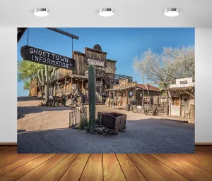 BELECO 12x8ft Fabric Western Ghost Town Backdrop Arizona Goldfield Town Street Saguaro Cactus Old Saloon Gallery Jail Background Cowboys Wild West Party Decorations Banner Photoshoot Studio Props