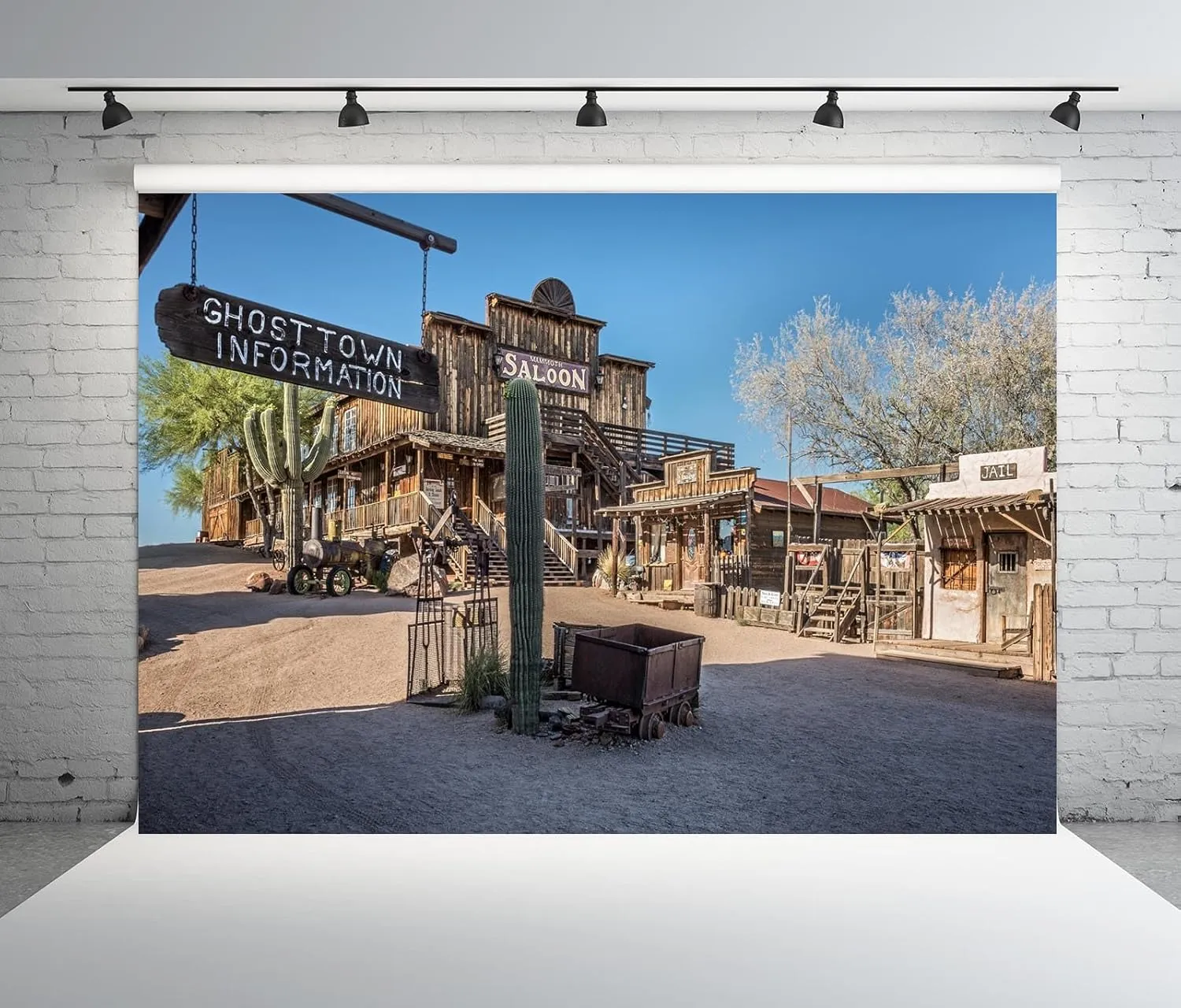 BELECO 12x8ft Fabric Western Ghost Town Backdrop Arizona Goldfield Town Street Saguaro Cactus Old Saloon Gallery Jail Background Cowboys Wild West Party Decorations Banner Photoshoot Studio Props