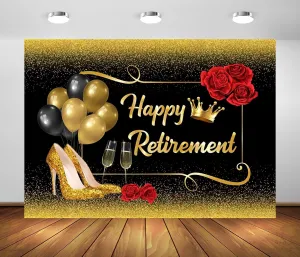 BELECO 15x10ft Fabric Happy Retirement Backdrop Black and Gold Glitter Balloons High Heel Shoes Roses Sparkle Background Black Gold Retirement Party Decorations Banner Photo Booth Shoot Studio Props