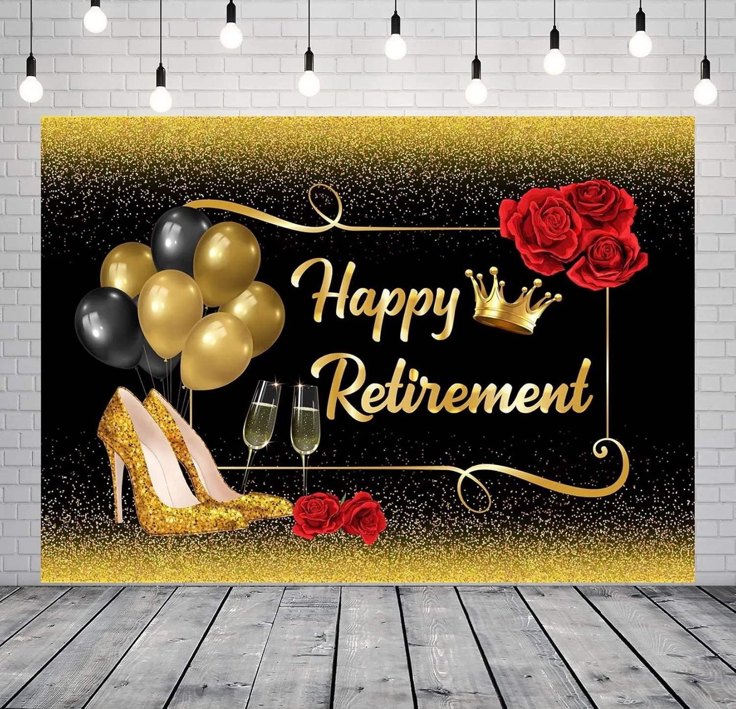 BELECO 15x10ft Fabric Happy Retirement Backdrop Black and Gold Glitter Balloons High Heel Shoes Roses Sparkle Background Black Gold Retirement Party Decorations Banner Photo Booth Shoot Studio Props