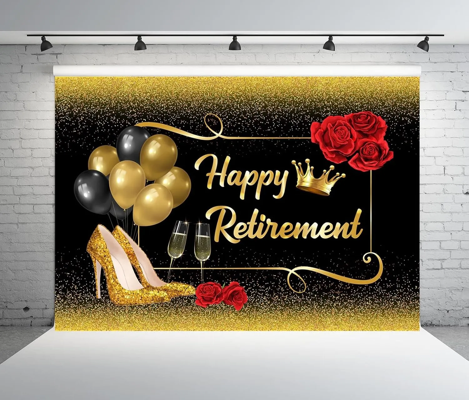 BELECO 15x10ft Fabric Happy Retirement Backdrop Black and Gold Glitter Balloons High Heel Shoes Roses Sparkle Background Black Gold Retirement Party Decorations Banner Photo Booth Shoot Studio Props