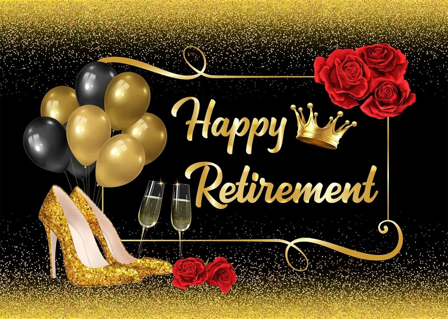 BELECO 15x10ft Fabric Happy Retirement Backdrop Black and Gold Glitter Balloons High Heel Shoes Roses Sparkle Background Black Gold Retirement Party Decorations Banner Photo Booth Shoot Studio Props