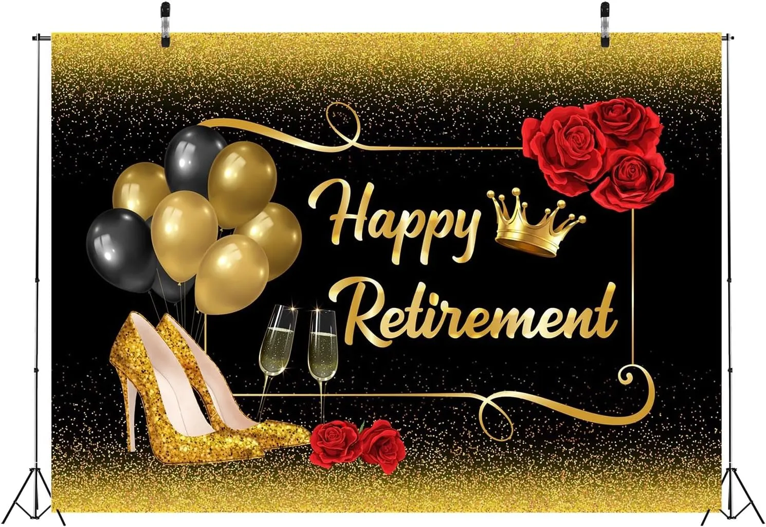BELECO 15x10ft Fabric Happy Retirement Backdrop Black and Gold Glitter Balloons High Heel Shoes Roses Sparkle Background Black Gold Retirement Party Decorations Banner Photo Booth Shoot Studio Props