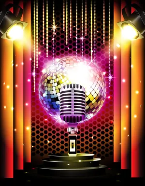 BELECO 5x7ft Fabric Karaoke Disco Backdrop Microphone Disco Ball Music Night Show Concert Stage Background Karaoke Party Back to 70s 80s Disco Party Decoratons Photo Booth Shoot Studio Props