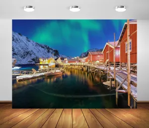 BELECO 6x4ft Fabric Norwegian Aurora Borealis Backdrop Snow Mountain Wooden Cabin Northern Lights Sea View Polar Scenery Background Arctic Norway Party Decorations Photoshoot Studio Props