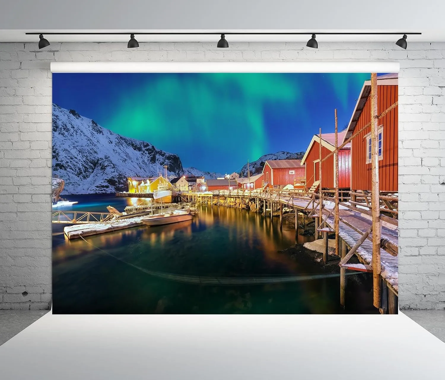 BELECO 6x4ft Fabric Norwegian Aurora Borealis Backdrop Snow Mountain Wooden Cabin Northern Lights Sea View Polar Scenery Background Arctic Norway Party Decorations Photoshoot Studio Props