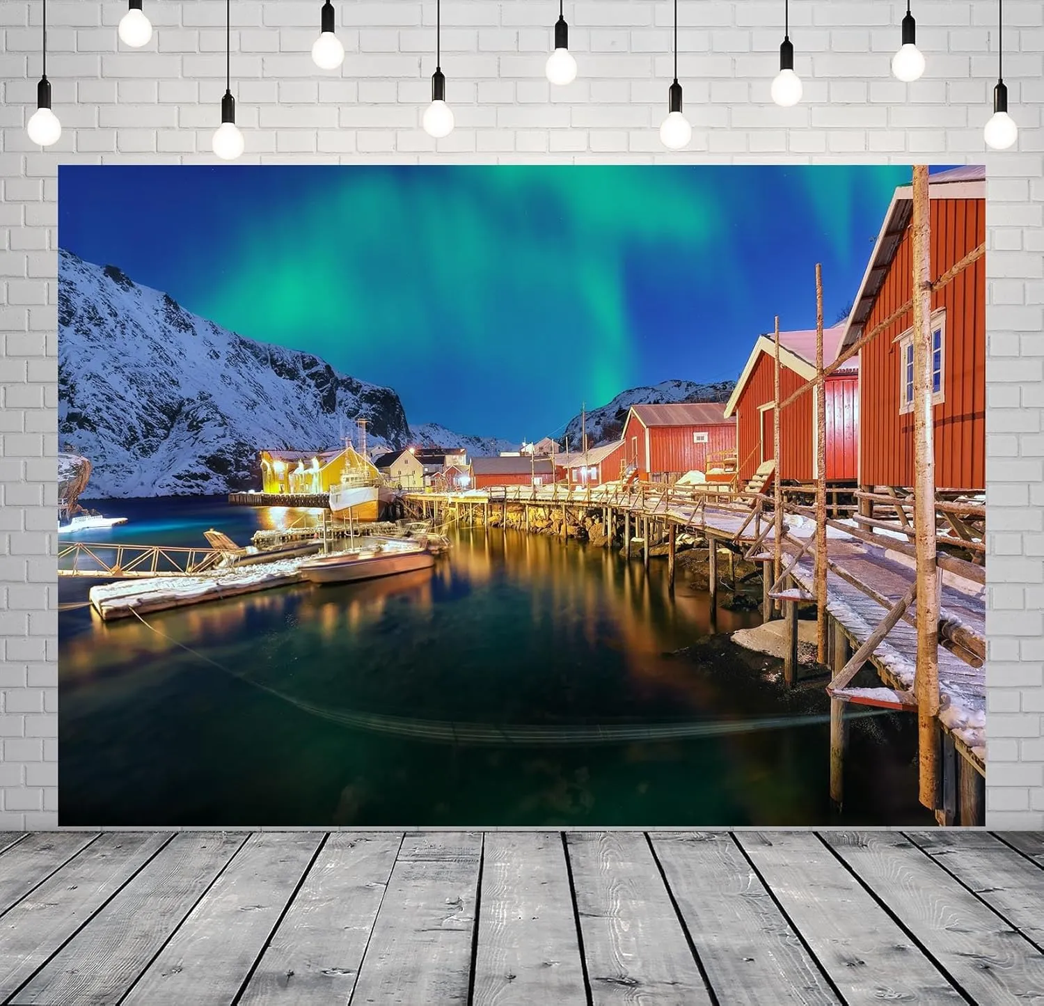 BELECO 6x4ft Fabric Norwegian Aurora Borealis Backdrop Snow Mountain Wooden Cabin Northern Lights Sea View Polar Scenery Background Arctic Norway Party Decorations Photoshoot Studio Props