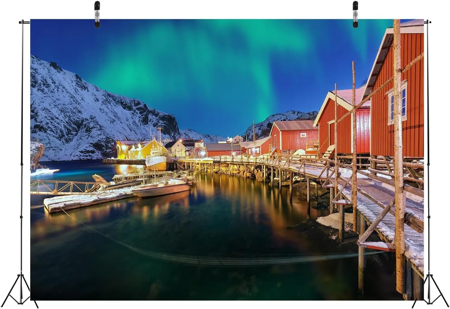 BELECO 6x4ft Fabric Norwegian Aurora Borealis Backdrop Snow Mountain Wooden Cabin Northern Lights Sea View Polar Scenery Background Arctic Norway Party Decorations Photoshoot Studio Props