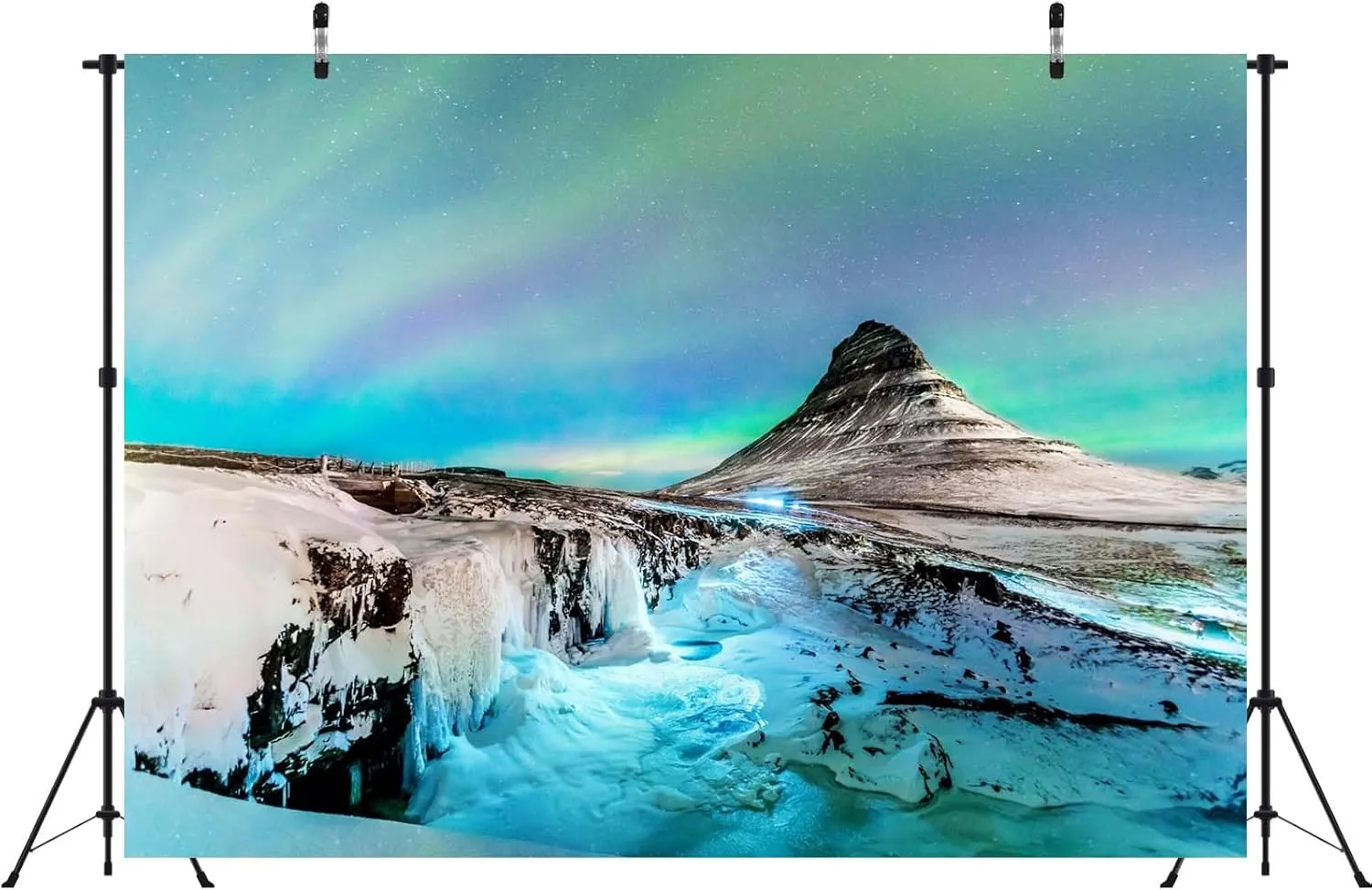 BELECO 6x4ft Fabric Winter Iceland Northern Lights Backdrop Kirkjufell Mountain Aurora Borealis Starry Sky Stars Polar Scenery Background Winter Christmas Party Decorations Banner Photo Studio Prop