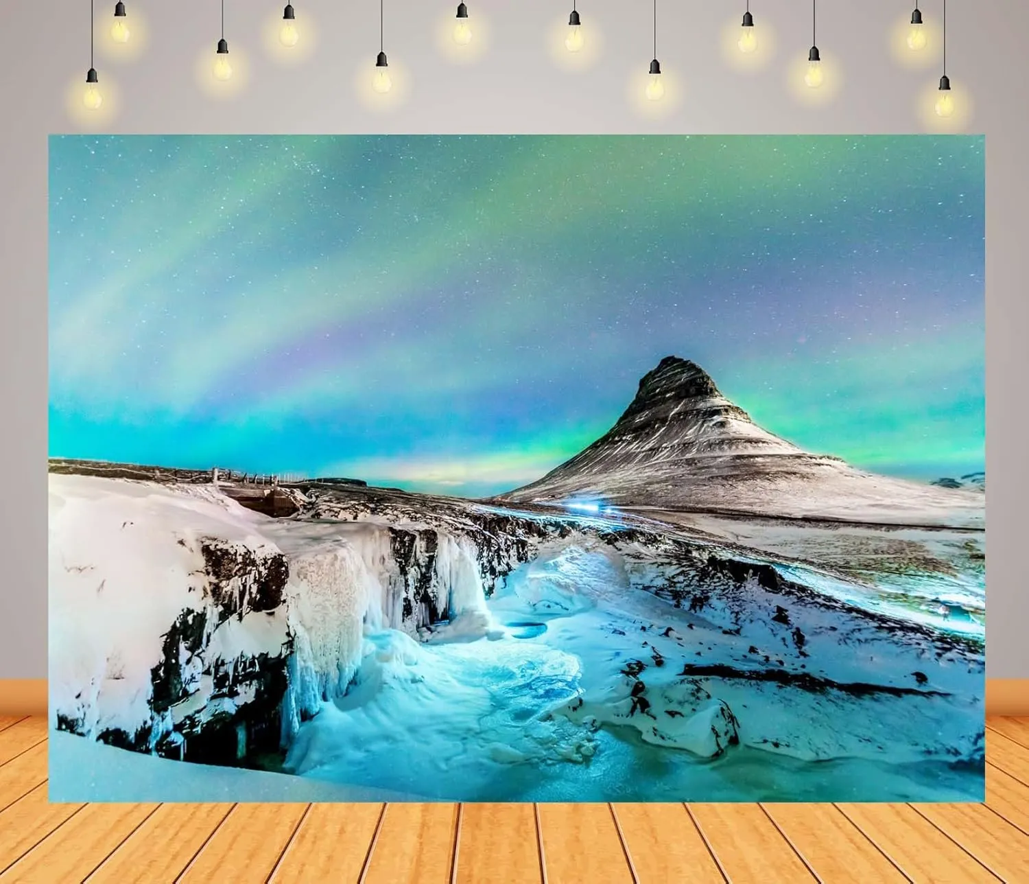 BELECO 6x4ft Fabric Winter Iceland Northern Lights Backdrop Kirkjufell Mountain Aurora Borealis Starry Sky Stars Polar Scenery Background Winter Christmas Party Decorations Banner Photo Studio Prop