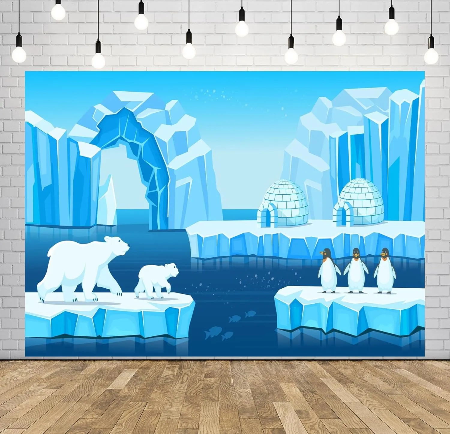 BELECO 7x5ft Fabric Cartoon Arctic Ice and Snow World Backdrop Polar Bears Penguins Icebergs Igloo Background Arctic Theme Party Decorations Kids Children Birthday Shoot Photo Booth Studio Props