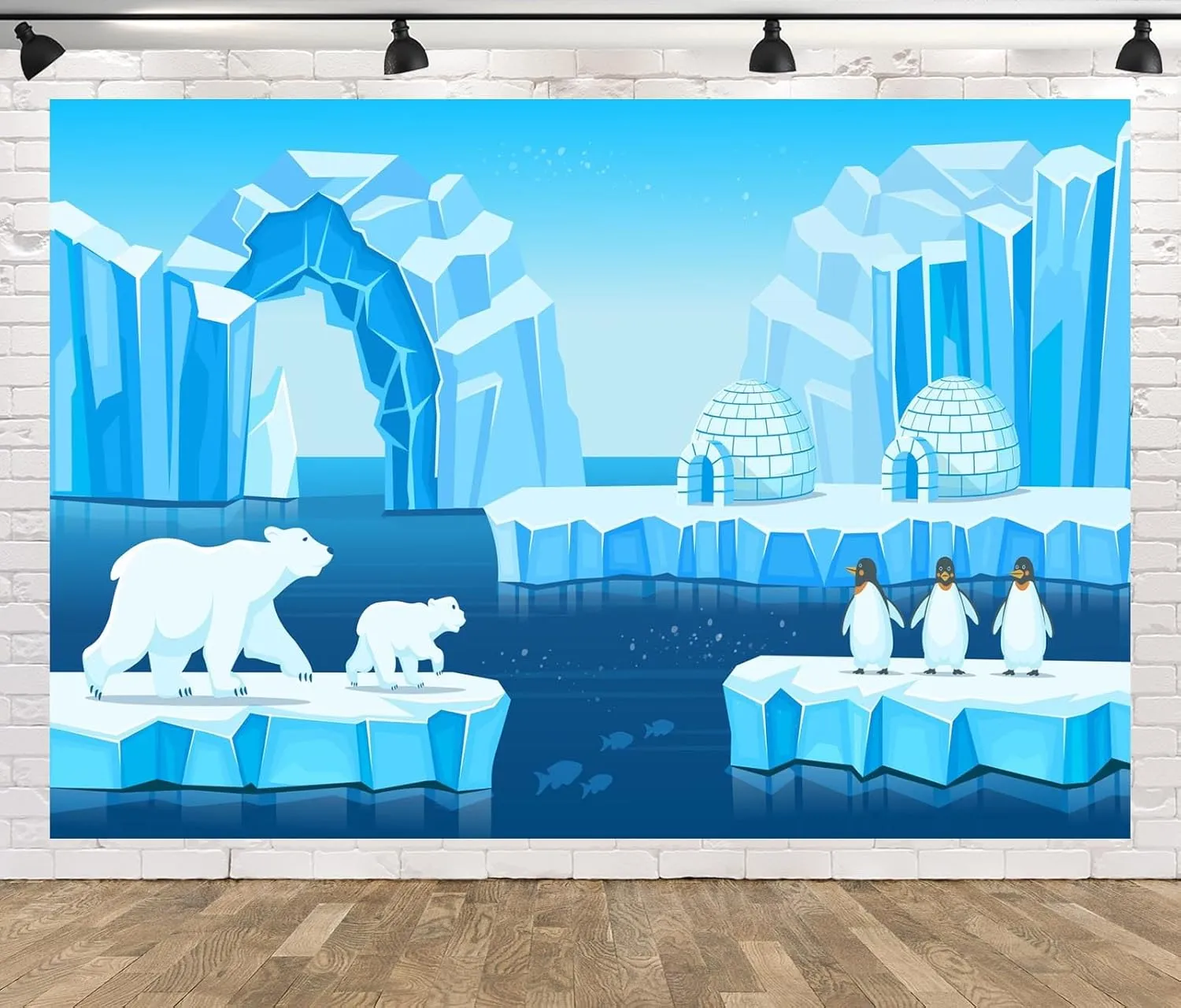 BELECO 7x5ft Fabric Cartoon Arctic Ice and Snow World Backdrop Polar Bears Penguins Icebergs Igloo Background Arctic Theme Party Decorations Kids Children Birthday Shoot Photo Booth Studio Props
