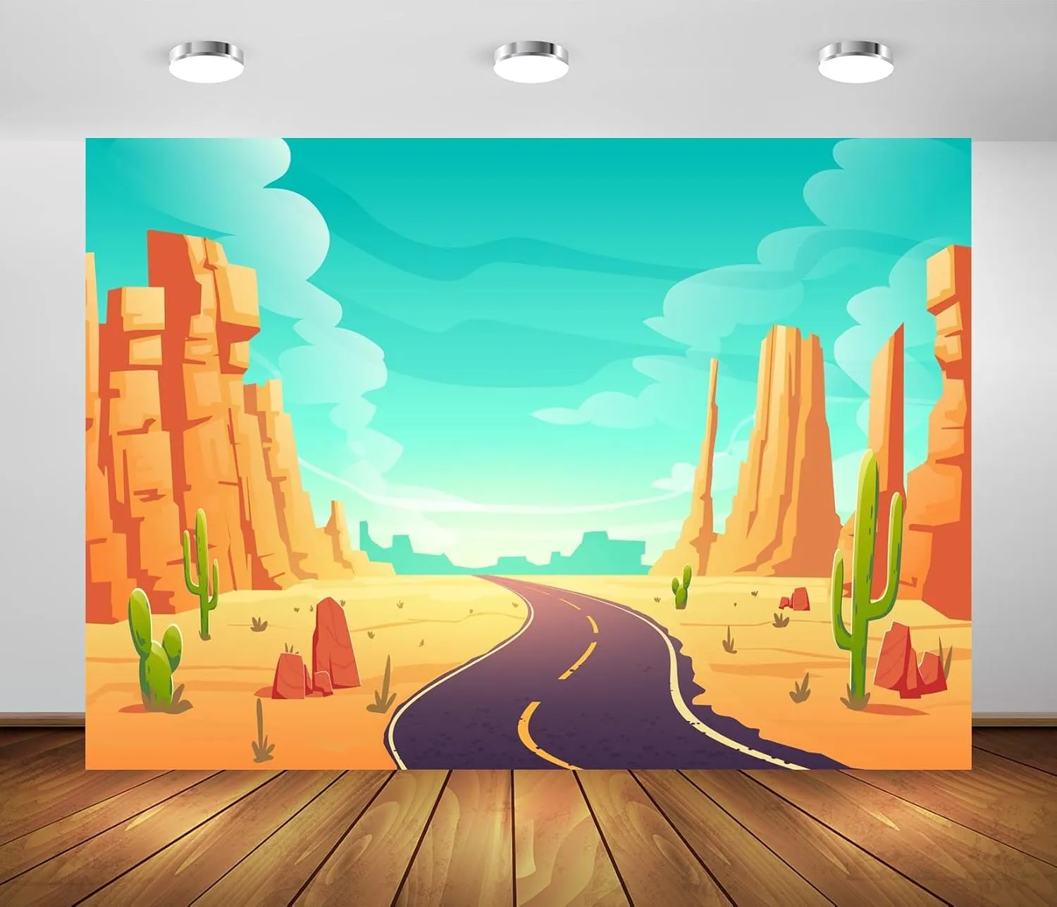 BELECO 7x5ft Fabric Cartoon Desert Backdrop Wildwest Desert Road Cactus Sand Dunes Canyon Photography Background Western Cowboy Cowgirl Baby Shower Birthday Party Decoration Baby Kids Photo Props