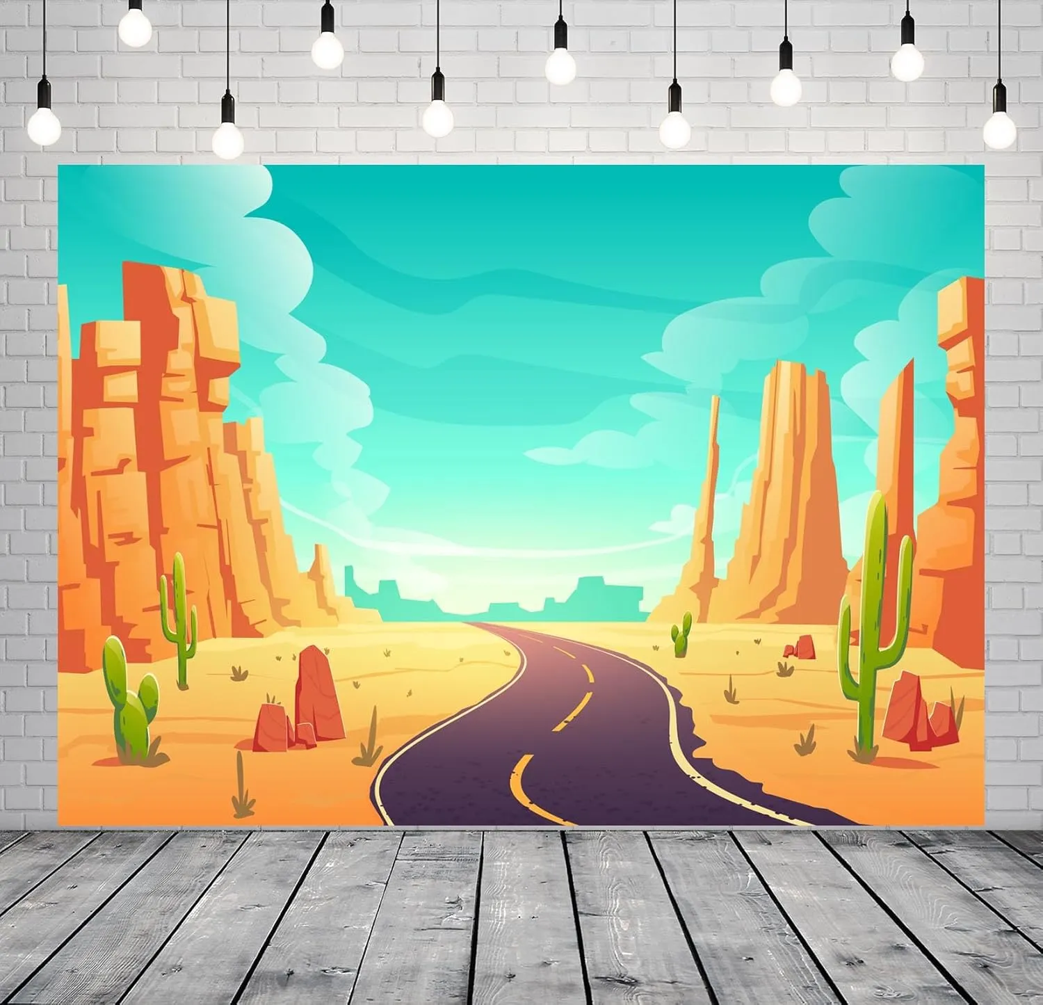BELECO 7x5ft Fabric Cartoon Desert Backdrop Wildwest Desert Road Cactus Sand Dunes Canyon Photography Background Western Cowboy Cowgirl Baby Shower Birthday Party Decoration Baby Kids Photo Props
