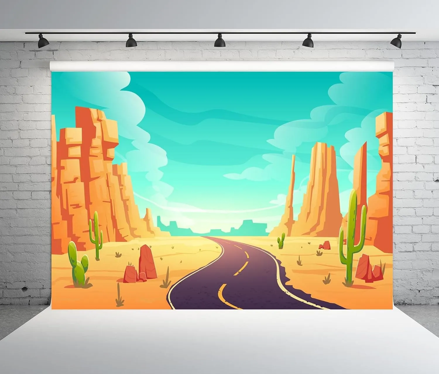 BELECO 7x5ft Fabric Cartoon Desert Backdrop Wildwest Desert Road Cactus Sand Dunes Canyon Photography Background Western Cowboy Cowgirl Baby Shower Birthday Party Decoration Baby Kids Photo Props