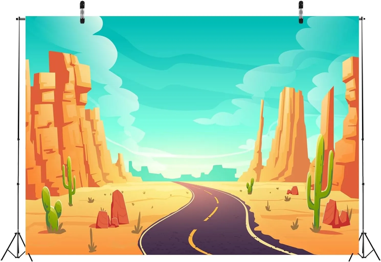 BELECO 7x5ft Fabric Cartoon Desert Backdrop Wildwest Desert Road Cactus Sand Dunes Canyon Photography Background Western Cowboy Cowgirl Baby Shower Birthday Party Decoration Baby Kids Photo Props
