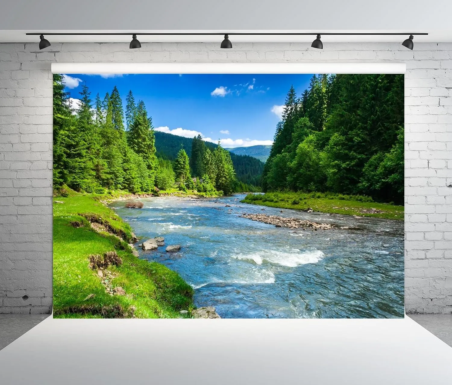 BELECO 7x5ft Fabric Mountain River Backdrop Spring Summer Landscape Forest Trees Nature River Stones Background Outdoor Camping Hiking Decor Kid Adult Artistic Portrait Photo Studio Props